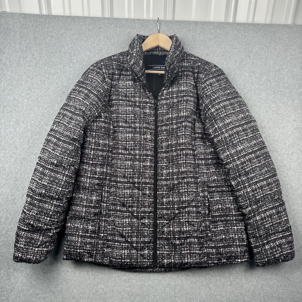 Lands End Puffer Jacket Womens Medium Black White Tweed Print Down Insulated Zip